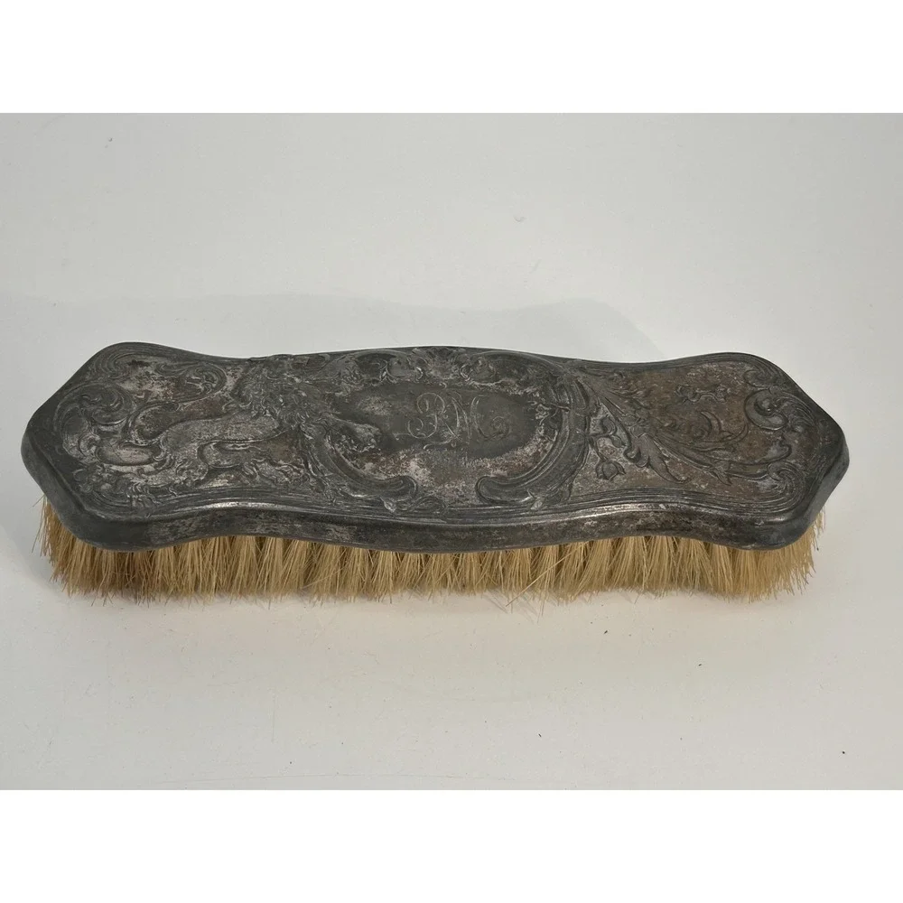 Antique Art Nouveau Silver Vanity Clothes Brush Ornate Repousse Lion Design